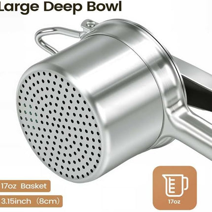 Potato Ricer, 304 Stainless Steel Manual Potato Press with Silicone Handle, Dishwasher Safe Kitchen Tool for Fluffy Mashed Potatoes.