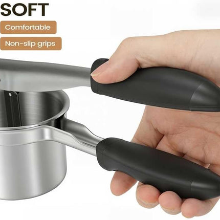 Potato Ricer, 304 Stainless Steel Manual Potato Press with Silicone Handle, Dishwasher Safe Kitchen Tool for Fluffy Mashed Potatoes.