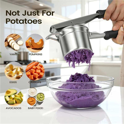 Potato Ricer, 304 Stainless Steel Manual Potato Press with Silicone Handle, Dishwasher Safe Kitchen Tool for Fluffy Mashed Potatoes.