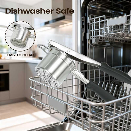 Potato Ricer, 304 Stainless Steel Manual Potato Press with Silicone Handle, Dishwasher Safe Kitchen Tool for Fluffy Mashed Potatoes.