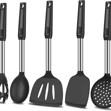 5Pcs Silicone Spatula Heat Resistant Long Large Spatulas Set for Nonstick Cookware, Rubber Pancake Fish Turner Spatula for Kitchen Use Silicone Cooking Kitchen Utensils Set Black.