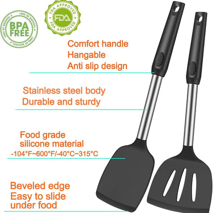 5Pcs Silicone Spatula Heat Resistant Long Large Spatulas Set for Nonstick Cookware, Rubber Pancake Fish Turner Spatula for Kitchen Use Silicone Cooking Kitchen Utensils Set Black.
