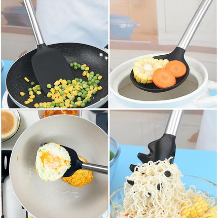 5Pcs Silicone Spatula Heat Resistant Long Large Spatulas Set for Nonstick Cookware, Rubber Pancake Fish Turner Spatula for Kitchen Use Silicone Cooking Kitchen Utensils Set Black.
