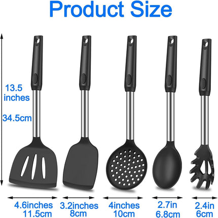5Pcs Silicone Spatula Heat Resistant Long Large Spatulas Set for Nonstick Cookware, Rubber Pancake Fish Turner Spatula for Kitchen Use Silicone Cooking Kitchen Utensils Set Black.