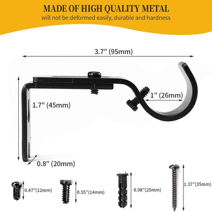 Adjustable 1 Inch Curtain Rod Brackets, Black Iron Wall Mounts, 2 Pack.