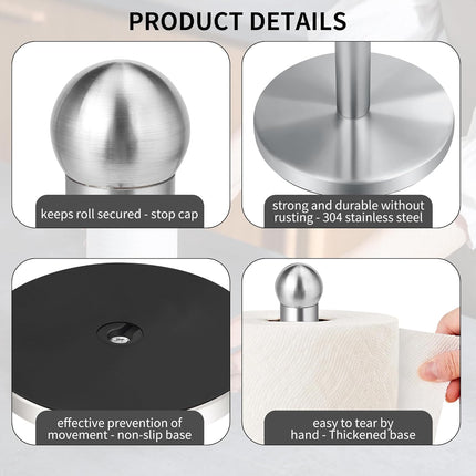 Paper Towel Holder Countertop, Paper Towel Holder with Solid Weighted Base, for Standard and Large Size Rolls (Silver).