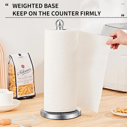 Paper Towel Holder Countertop, Paper Towel Holder with Solid Weighted Base, for Standard and Large Size Rolls (Silver).