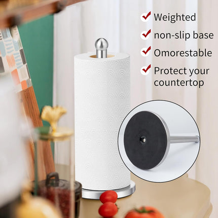 Paper Towel Holder Countertop, Paper Towel Holder with Solid Weighted Base, for Standard and Large Size Rolls (Silver).