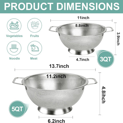 Colander Stainless Steel 3-Quart, Kitchen Strainer for Pasta, Fruits Vegetables, Dishwasher Safe.