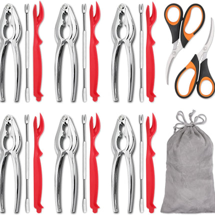 20-piece Seafood Tools Set includes 6 Crab Crackers, 6 Lobster Shellers, 6 Crab Leg Forks/Picks and 2 Seafood Scissors & Storage Bag - Nut Cracker Set.