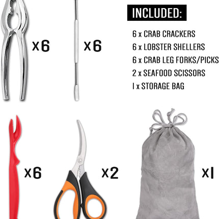 20-piece Seafood Tools Set includes 6 Crab Crackers, 6 Lobster Shellers, 6 Crab Leg Forks/Picks and 2 Seafood Scissors & Storage Bag - Nut Cracker Set.