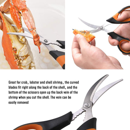 20-piece Seafood Tools Set includes 6 Crab Crackers, 6 Lobster Shellers, 6 Crab Leg Forks/Picks and 2 Seafood Scissors & Storage Bag - Nut Cracker Set.