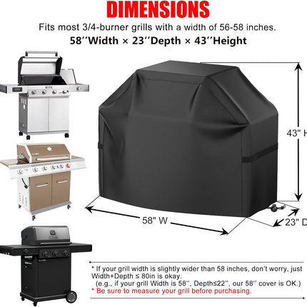 Grill Cover, 58 inch BBQ Gas Grill Cover for Outdoor Grill, Waterproof, Anti-UV, Rip-Proof, Fade Resistant Material, Barbecue Cover with Hook-and-Loop Straps & Adjustable Hem Drawstring, Black.