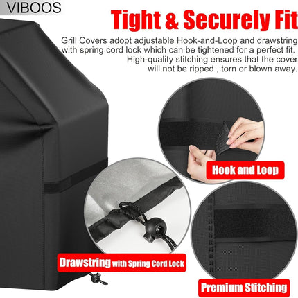Grill Cover, 58 inch BBQ Gas Grill Cover for Outdoor Grill, Waterproof, Anti-UV, Rip-Proof, Fade Resistant Material, Barbecue Cover with Hook-and-Loop Straps & Adjustable Hem Drawstring, Black.