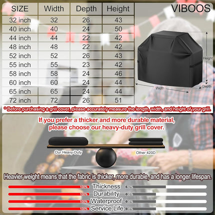 Grill Cover, 58 inch BBQ Gas Grill Cover for Outdoor Grill, Waterproof, Anti-UV, Rip-Proof, Fade Resistant Material, Barbecue Cover with Hook-and-Loop Straps & Adjustable Hem Drawstring, Black.