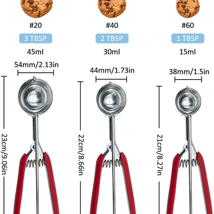 Cookie Scoop,Ice Cream Scoop,3PCS Stainless Steel 1/2 /3 Tablespoon Cookie Scoop,Red Rubber Grips Design,Durable and Effortless,for Ice Cream,Melon Baller and Baking(20#L/ 40#M/ 60#S)..
