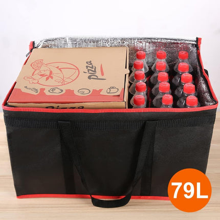Insulated Food Delivery Bag - Hot & Cold Meal Carrier, Catering/Doordash Pizza Warmer, Grocery Tote, Cooler Bag for Parties (Black-Red, 1Pk), Ideal for Food Warming Transport.