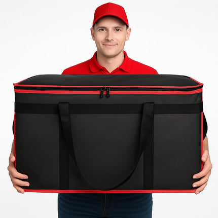 Insulated Food Delivery Bag - Hot & Cold Meal Carrier, Catering/Doordash Pizza Warmer, Grocery Tote, Cooler Bag for Parties (Black-Red, 1Pk), Ideal for Food Warming Transport.