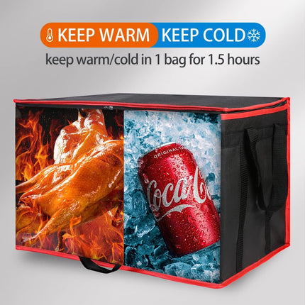 Insulated Food Delivery Bag - Hot & Cold Meal Carrier, Catering/Doordash Pizza Warmer, Grocery Tote, Cooler Bag for Parties (Black-Red, 1Pk), Ideal for Food Warming Transport.