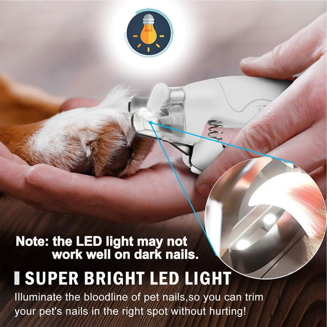 Pet Nail Clipper with LED Light for Dogs & Cats, Rechargeable Nails & Claws Trimmer, Professional Grooming Tool with Nail Trapper & Free Nail File, Quick-Sensor Razor Sharp Blades, White.