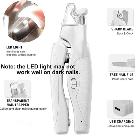 Pet Nail Clipper with LED Light for Dogs & Cats, Rechargeable Nails & Claws Trimmer, Professional Grooming Tool with Nail Trapper & Free Nail File, Quick-Sensor Razor Sharp Blades, White.