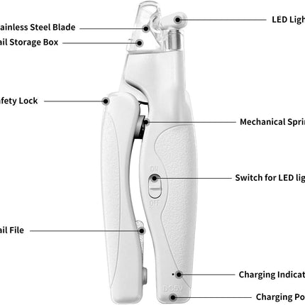 Pet Nail Clipper with LED Light for Dogs & Cats, Rechargeable Nails & Claws Trimmer, Professional Grooming Tool with Nail Trapper & Free Nail File, Quick-Sensor Razor Sharp Blades, White.