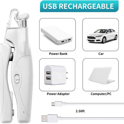 Pet Nail Clipper with LED Light for Dogs & Cats, Rechargeable Nails & Claws Trimmer, Professional Grooming Tool with Nail Trapper & Free Nail File, Quick-Sensor Razor Sharp Blades, White.