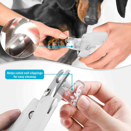 Pet Nail Clipper with LED Light for Dogs & Cats, Rechargeable Nails & Claws Trimmer, Professional Grooming Tool with Nail Trapper & Free Nail File, Quick-Sensor Razor Sharp Blades, White.