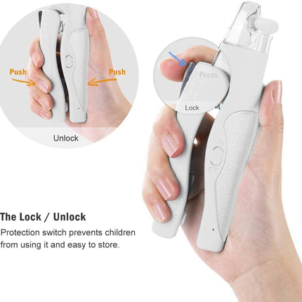 Pet Nail Clipper with LED Light for Dogs & Cats, Rechargeable Nails & Claws Trimmer, Professional Grooming Tool with Nail Trapper & Free Nail File, Quick-Sensor Razor Sharp Blades, White.