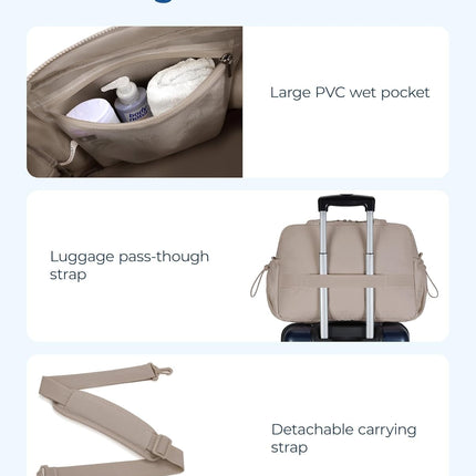 Gym Bag for Woman, 24L Carry on Travel Duffle Bag with Wet Pocket, Water Resistant Weekender Bags for Sports, Trips, Camel.