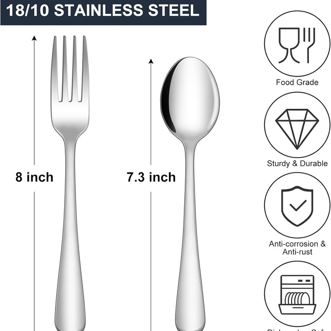 24-piece Forks and Spoons Silverware Set, Food Grade Stainless Steel Flatware Cutlery Set for Home, Kitchen and Restaurant, Mirror Polished, Dishwasher Safe.