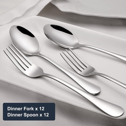 24-piece Forks and Spoons Silverware Set, Food Grade Stainless Steel Flatware Cutlery Set for Home, Kitchen and Restaurant, Mirror Polished, Dishwasher Safe.