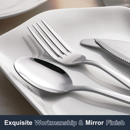 24-piece Forks and Spoons Silverware Set, Food Grade Stainless Steel Flatware Cutlery Set for Home, Kitchen and Restaurant, Mirror Polished, Dishwasher Safe.