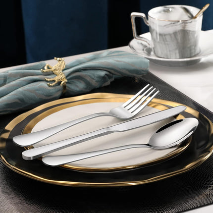 24-piece Forks and Spoons Silverware Set, Food Grade Stainless Steel Flatware Cutlery Set for Home, Kitchen and Restaurant, Mirror Polished, Dishwasher Safe.