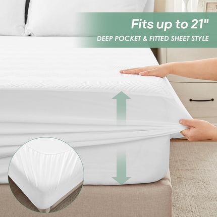Queen Size 100% Waterproof Mattress Protector, Mattress Pad Cover Fitted 8"-21" Deep Pocket, 3D Air Fabric Soft Breathable Cooling Bed Mattress Cover Noiseless Washable, White-Fence.