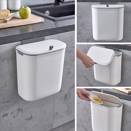 Compost Bin, 2.5 Gallon Hanging Trash Can with Lid, Kitchen Cabinet Door Under Sink Plastic Garbage Can Wall Mounted Slide Open, White.