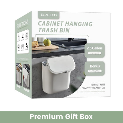 Compost Bin, 2.5 Gallon Hanging Trash Can with Lid, Kitchen Cabinet Door Under Sink Plastic Garbage Can Wall Mounted Slide Open, White.