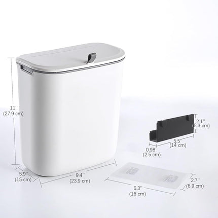 Compost Bin, 2.5 Gallon Hanging Trash Can with Lid, Kitchen Cabinet Door Under Sink Plastic Garbage Can Wall Mounted Slide Open, White.