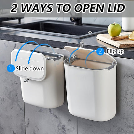 Compost Bin, 2.5 Gallon Hanging Trash Can with Lid, Kitchen Cabinet Door Under Sink Plastic Garbage Can Wall Mounted Slide Open, White.