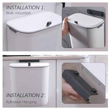 Compost Bin, 2.5 Gallon Hanging Trash Can with Lid, Kitchen Cabinet Door Under Sink Plastic Garbage Can Wall Mounted Slide Open, White.
