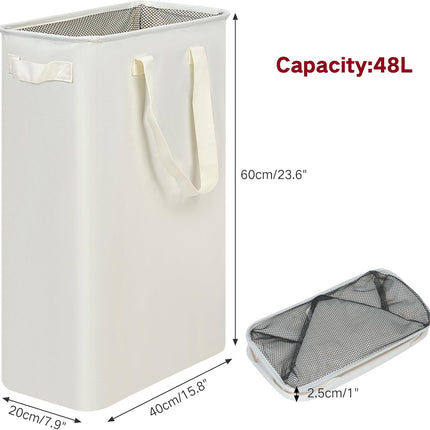 Slim Laundry Hamper with Handles, Collapsible Small Hamper for Laundry, Dirty Clothes Basket for Bedroom, Dorm and Laundry Room, 48L (12.7 Gallon) Beige.