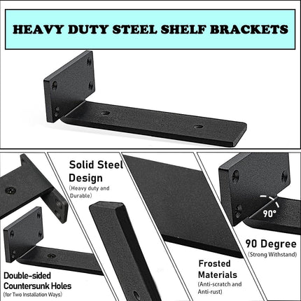 Heavy Duty Floating Shelf Brackets - 1/5 Inch Thick Industrial Black Metal L Brackets, Premium Solid Steel Shelf Supports for Shelves - 5 Inch Heavy Floating Shelves Hardware (4Pcs).