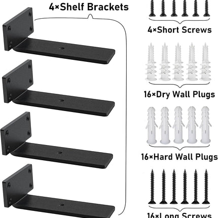 Heavy Duty Floating Shelf Brackets - 1/5 Inch Thick Industrial Black Metal L Brackets, Premium Solid Steel Shelf Supports for Shelves - 5 Inch Heavy Floating Shelves Hardware (4Pcs).