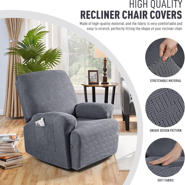 Recliner Covers, Stretch Reclining Chair Covers, Recliner Sofa Slipcovers Stripe Jacquard Recliner Couch Covers Furniture Protector Covers for Pet Kid (1 Seater, Dark Gray).
