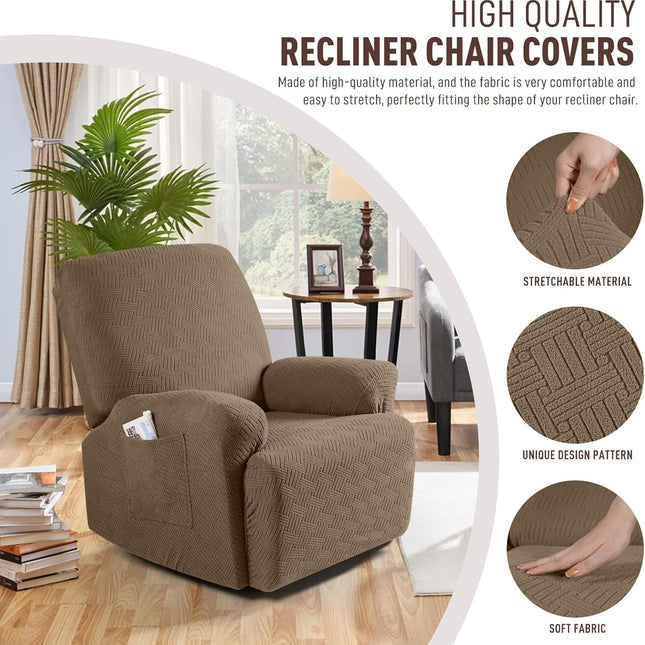 Recliner Covers, Stretch Reclining Chair Covers, Recliner Sofa Slipcovers Stripe Jacquard Recliner Couch Covers Furniture Protector Covers for Pet Kid (1 Seater, Light Coffee).