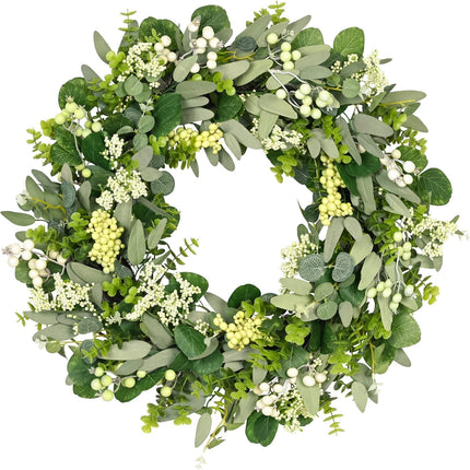 Green Eucalyptus Leaves Front Door Wreath,  24 Inch Artificial Spring Summer Greenery Wreath Front Door Decoration Boxwood with Big Berries Farmhouse Outdoor Year-Round - Indoor/Outdoor.