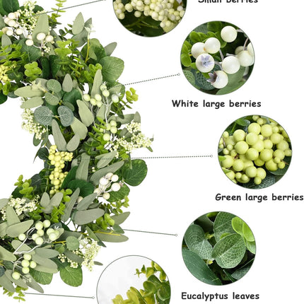 Green Eucalyptus Leaves Front Door Wreath,  24 Inch Artificial Spring Summer Greenery Wreath Front Door Decoration Boxwood with Big Berries Farmhouse Outdoor Year-Round - Indoor/Outdoor.
