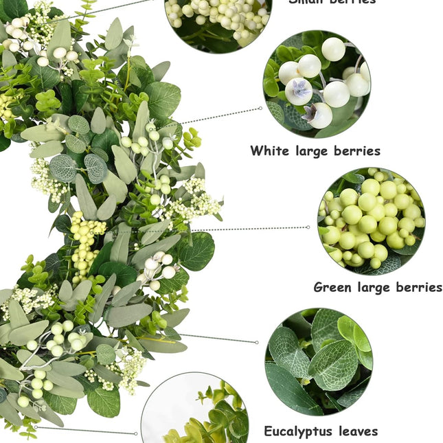 Green Eucalyptus Leaves Front Door Wreath,  24 Inch Artificial Spring Summer Greenery Wreath Front Door Decoration Boxwood with Big Berries Farmhouse Outdoor Year-Round - Indoor/Outdoor.