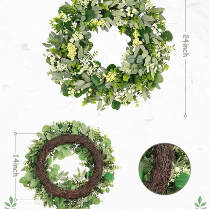 Green Eucalyptus Leaves Front Door Wreath,  24 Inch Artificial Spring Summer Greenery Wreath Front Door Decoration Boxwood with Big Berries Farmhouse Outdoor Year-Round - Indoor/Outdoor.