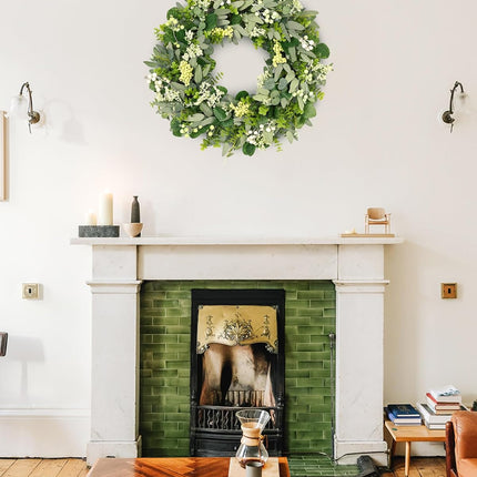 Green Eucalyptus Leaves Front Door Wreath,  24 Inch Artificial Spring Summer Greenery Wreath Front Door Decoration Boxwood with Big Berries Farmhouse Outdoor Year-Round - Indoor/Outdoor.